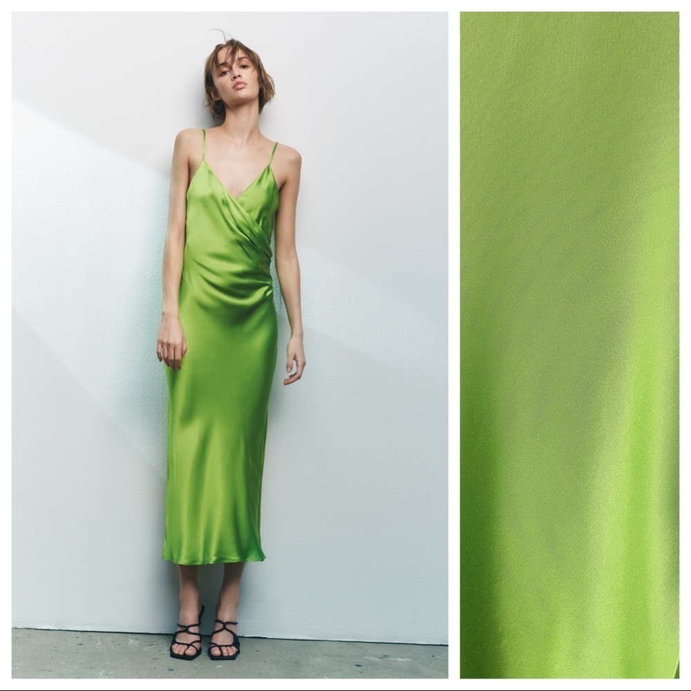 NWT. Zara Green Draped Lingerie-Style Flowy Mini Dress. Size M.